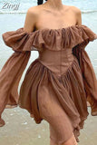 Retro Chic Brown Corset Pleated Summer Dress Off Shoulder Fashion Ruffles Patchwork Beach Women's Dress Sexy