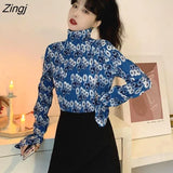 Women Turtleneck Spring Autumn Long Sleeve Female Top Vintage Floral Slim Trendy All-match Folds Chiffon Inside Basic