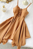 2023 Women Irregular Hem Beach Party Mini Dress Vestidos Sexy Sleeveless High Waist Drawstring Red/Green Strap Dress