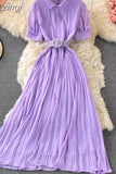 Vintage Polka Dot Pleated Long Dress Women Blue/Red/Purple Draped Vestidos Casual Female High Waist Big Swing Robe