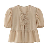 Sweet Gentle Wind Pure Color Lace Design Shirt Fashion Niche Bubble Short Sleeve Temperament Women's