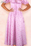 Women Floral Print Long Dress Summer Chic Short Sleeve Square Collar Split A Line Party Sundress Ladies Holiday Beach