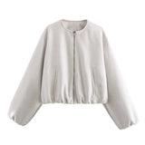 Women's ZA Autumn And Winter New Round Neck Soft Short Bomber Jacket