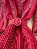 Embroidered Pleated Long Dress Vintage V-Neck Lantern Sleeve High Waist Draped Maxi Vestidos Female 2023