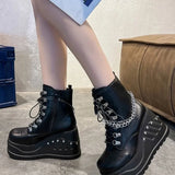 New Autumn And Winter Round Head Side Pull Chain Thick Bottom Short Boots Women 43 Large Slope And Martin