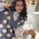 Vest Women Retros Fashion Cute Clouds Printed V-neck Korean Style Loose Sleeveless All-match College Student