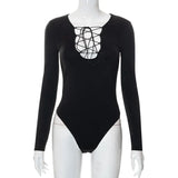 Zingj New Spice Girl Long Sleeve Clean Color Tie Belt Hollow Out Slim Onesie Women's
