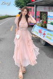 French Sweet Fairy Lace Beading Chiffon Bodycon Dress Evening Midi Dresses for Women Elegant Party Casual Beach