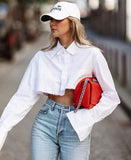Women's Clothing 2025 Summer New Thin Top Long-Sleeved Short Design To Feel The Belly White Shirt