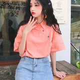 Colors T-shirts Women Candy-color Button Korean Style Chic Trendy College Students Ulzzang Teens Girls Summer Leisure