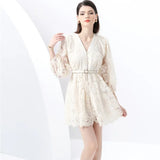 Sweet Court Style V-Neck Lantern Sleeve Embroidery Collection Thin Single Buckle A Word Elegant Dress