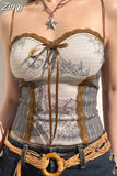 Chic Fashion Milkmaid Lace Trim Crop Top Female Y2K Aesthetic 90s Vintage Clothes Printed Contrast Summer Camis