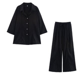 Women's Explosive Linen Long-Sleeved V-Neck Casual Shirt + Linen Mid-Rise Wide-Legged