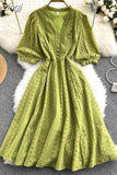 Women Green/Orange/White Hollow Out Midi Dress Elegant V-Neck Puff Short Sleeve High Waist Party Robe Female Vestido