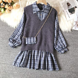 Style Sets Women Retro Plaid Mini Pleated Dress Knitted Vest Spring Autumn Elegant Korean Outfits Sweet Vintage
