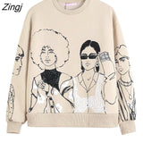 New 2021 Women Fashion Beauty Girls Print Casual Sweatshirts Female Basic O Neck Knitted Hoodies Chic Pullovers Tops