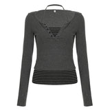 Sweet Style Simple Knitted Shirt Two Sets Of Striped Hanging Neck Hanging Sling + Half-Open Collar Long-Sleeved T-Shirt