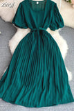 Vintage Pleated Midi Dress Women Green/Red/Blue Square Collar Puff Short Sleeve High Waist Draped Vestidos Female