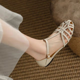Summer Bohemian Retro Buckle With Bun Head Woven Sandals Women Flat Bottom Hollow Roman