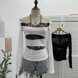 Shooting With Hanging Neck Leopard Print Splicing Two Long-Sleeved Tops A Short Shoulder Bottom T-Shirt