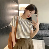 Zingj Striped Short-Sleeved T-Shirt Women's Design Sense Round Collar Bottom Shirt 2024 Summer Loose Casual Student Coat