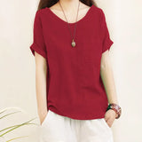 Loose Cotton Linen Blouse M-4XL Women 2023Summer Shirts Casual Short Sleeve O Neck Solid Shirt Lady Basic Tops New