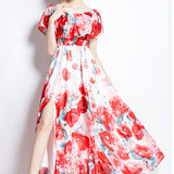 Shoulder Lotus Leaf-Side Dress Women's Dress 2025 Summer New Waist-Skinny Temperament Super Fairy Crumped Flower Vacation