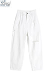 Hollow Ripped Hole High Waist Jeans For Women Summer 2023 Korean Ins Style White Loose Casual Ladies Wide Leg Denim