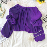 Off Shoulder Pleated Shirts Women Korean Sweet Fluffy Big Puff Sleeve Tops Elegant Vintage Solid Backless Chiffon