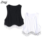 Women High Street Sexy Hem Tassel Diamond Beading Knitting T Shirt Chic Short Camis Tank Lady Slim Crop Vest Tops