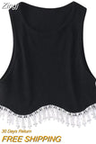 Women's Tank Tops Ribbed Sleeveless Round Neck Rhinestone Tassel Hem Design Summer Streetwear Crop Tops Slim