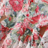 Printed Lantern Sleeve Dress Female Spring V-Neck Hollow Hook Flower Embroidery Light Luxury A