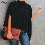 Women Casual Batwing Sleeve Cape Design Black Long Sleeve Ladies Top Elegant High Neck Daily Wear Loose Blouse Lounge