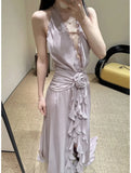 French Holiday Style V-Neck Hanging Neck Wood Ear Dress Chiffon Three-Dimensional Flowers Bare Back Sexy Evening Dress
