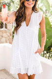 Dress with Pockets 2023 Summer Short Sleeve Lace Dresses for Women Hollow Out Spliced V-neck High Waist Party Dress