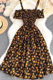 Sexy Slash Neck Spaghetti Strap Midi Dress Women Casual Off Shoulder Short Sleeve Vacation Beach Robe Female