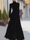 Women's Autumn And Winter Gold Velvet High Collar Bubble Sleeves To Close The Waist Big Dress Elegant Long