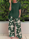 Plus Code Lady Two-Set Set Of Stylish Short-Sleeved Round Collar Top Wide Leg Trousers Print Casual