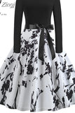 Note Print Elegant Party Dress Women 50s 60s Retro Vintage Robe Rockabilly Casual Winter