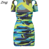 Print Hollow Out Ruched Dress For Women O Neck Short Sleeve Bodycon Mini Dress Ladies Streetwear Elegant Party