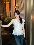 Xixi 13 Lines 2025 Summer New Korean Version Of Temperament Chiffon Shirt V-Necked Leaf Sleeve Top Female