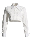 New Fashion Temperament Pure Color Stand Collar Single Breasted Irregular Splicing Design Sense Short Crop Shirt