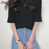 Women T-shirts Summer Knitted Slim Sweet All-match Candy Colors Fashion Korean Style Folds Simple Solid Comfort Leisure