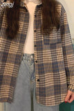 Thick Women Plaid Shirts Korean Winter Warm Fleece Button Up Tops Vintage Turn Down Collar Loose Casual Woolen Female