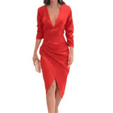 Zingj 2024 New Solid Color Low-Cut V-Neck Pleated Waist Sexy Backless Dress-Outfit