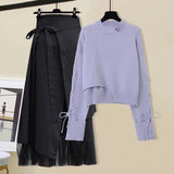 Women Winter Patchwork Long Sleeve Knitted Tops + Asymmetric Skirt 2 Piece Suit Female Party Elegant Two Piece Set 211-0-Outfit