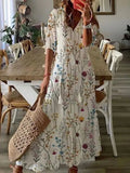 Solid Ruffles Pleated Long Party Dress Women Short Sleeve Loose Casual Dress2025 Autumn V Neck Tassel Hollow Out Dresses 211-0-Outfit