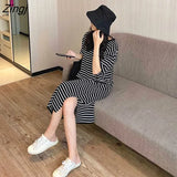 Sleeve Dress Women Hot Sale S-3XL Leisure Cozy Simple Basic Striped Preppy Style Clothing Students Midi Sundress Chic