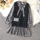Style Sets Women Retro Plaid Mini Pleated Dress Knitted Vest Spring Autumn Elegant Korean Outfits Sweet Vintage