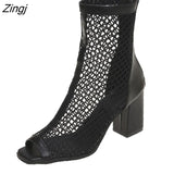 Summer New Fashion Mesh/mesh Fish Mouth Short Tube High Heels Hollow Women's Breathable Riding Boots Thick Heel